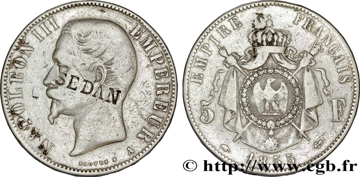 5 francs Napoléon III, tête nue, contremarqué SEDAN 1855 Paris F.330/3 var. VF 