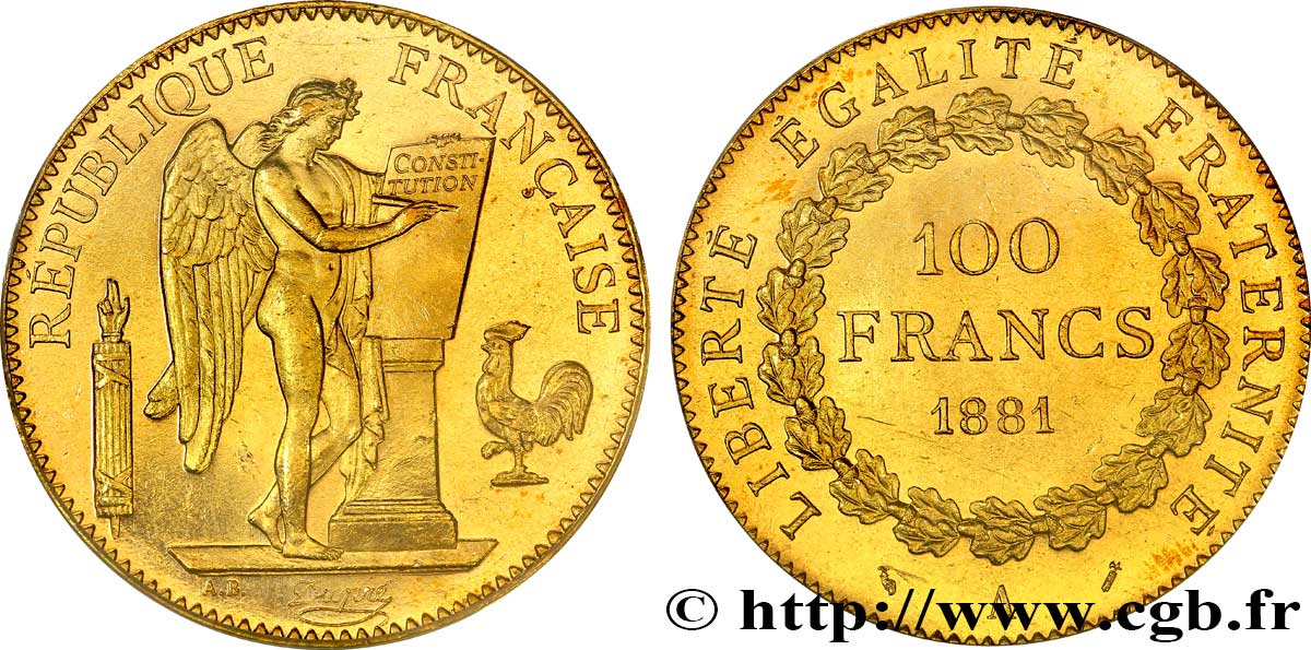 100 francs or Génie, tranche inscrite en relief Dieu protège la France 1881 Paris F.552/4 SC 
