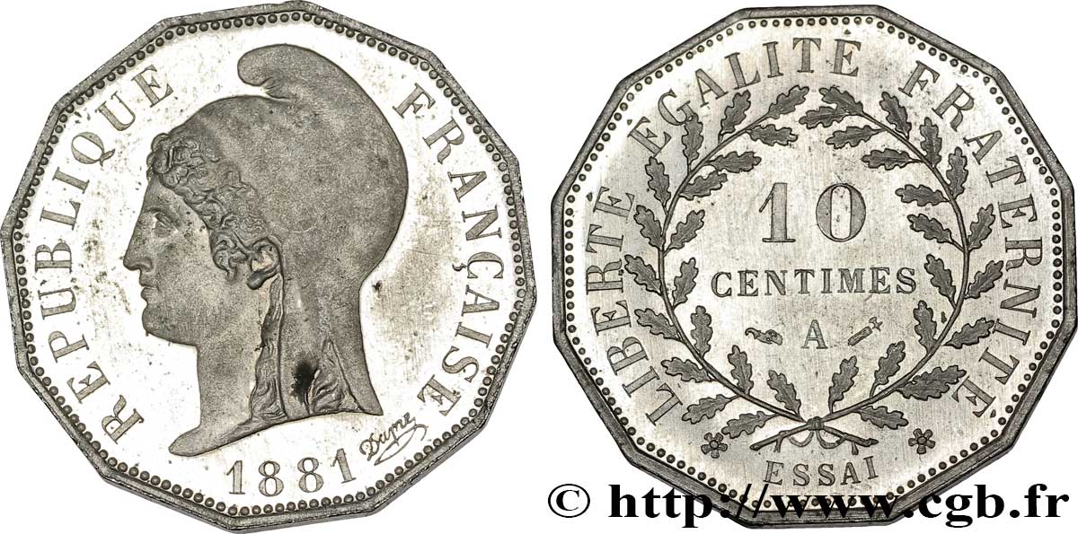 Essai de 10 centimes d’après Dupré, sur flan dodécagonal 1881 Paris VG.3967  VZ 