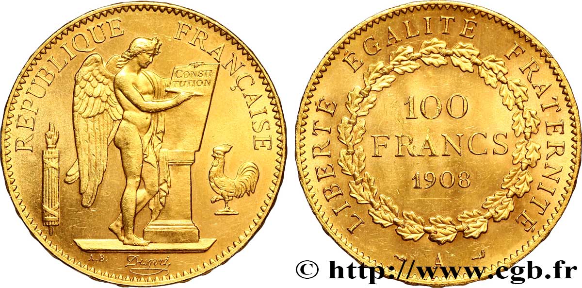 100 francs or Génie, tranche inscrite en relief liberté égalité fraternité 1908 Paris F.553/2 SUP 