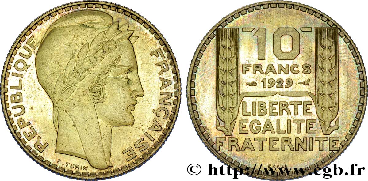Concours de 10 francs, essai de Turin en bronze-aluminium 1929  VG.5243  AU 