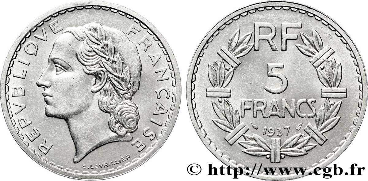 5 francs Lavrillier, nickel 1937  F.336/6 SUP 