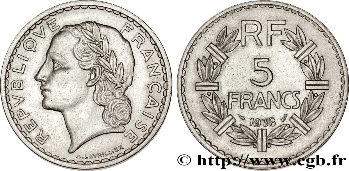 5 francs Lavrillier, nickel 1938  F.336/7 SUP 