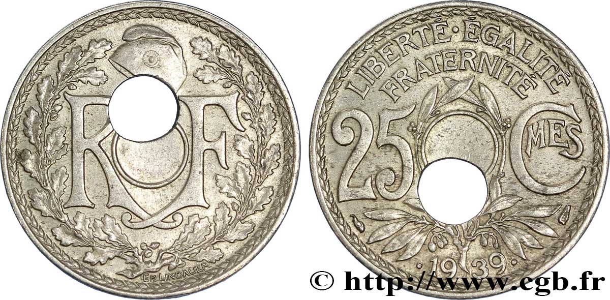 25 centimes Lindauer, maillechort, perforation décentrée 1939  F.172/3 AU 