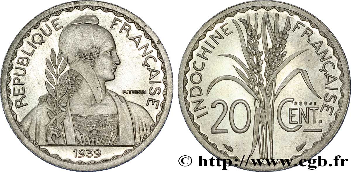 III REPUBLIC - INDOCHINE Pré-série avec le mot Essai 20 centimes, 5 g ? 1939 Paris FDC 