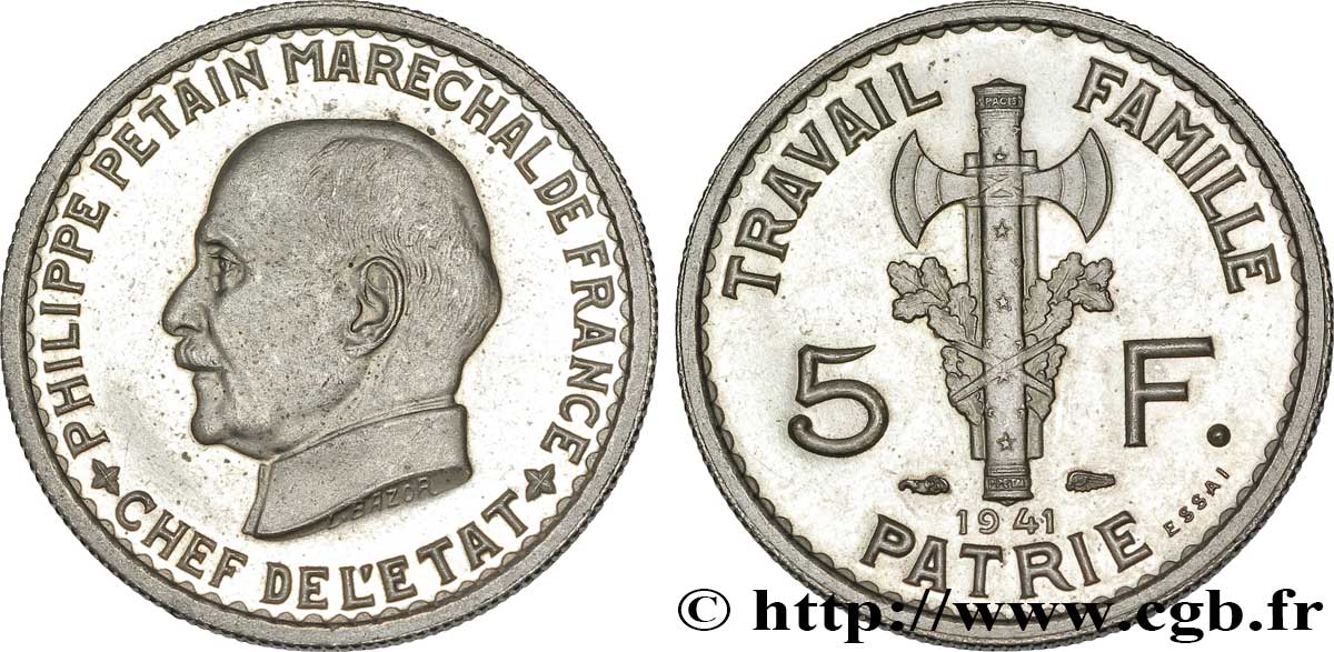 Essai de 5 francs Pétain, 2e projet de Bazor 1941  VG.5574  SUP 