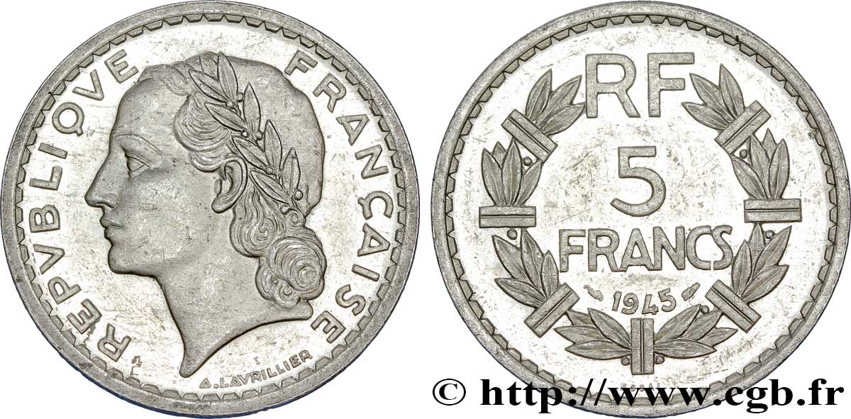 Essai de 5 francs Lavrillier, aluminium, poids lourd 1945  F.339/1 var. EBC 