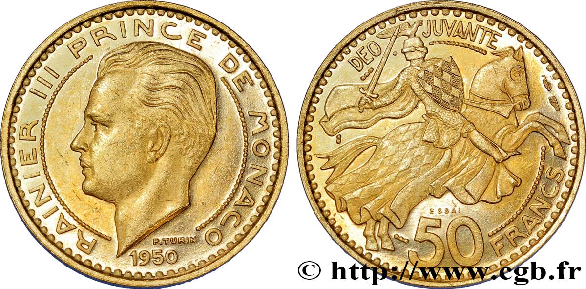 MONACO - PRINCIPAUTÉ DE MONACO - RAINIER III Essai en or de 50 francs prince Rainier III 1950 Paris EBC 