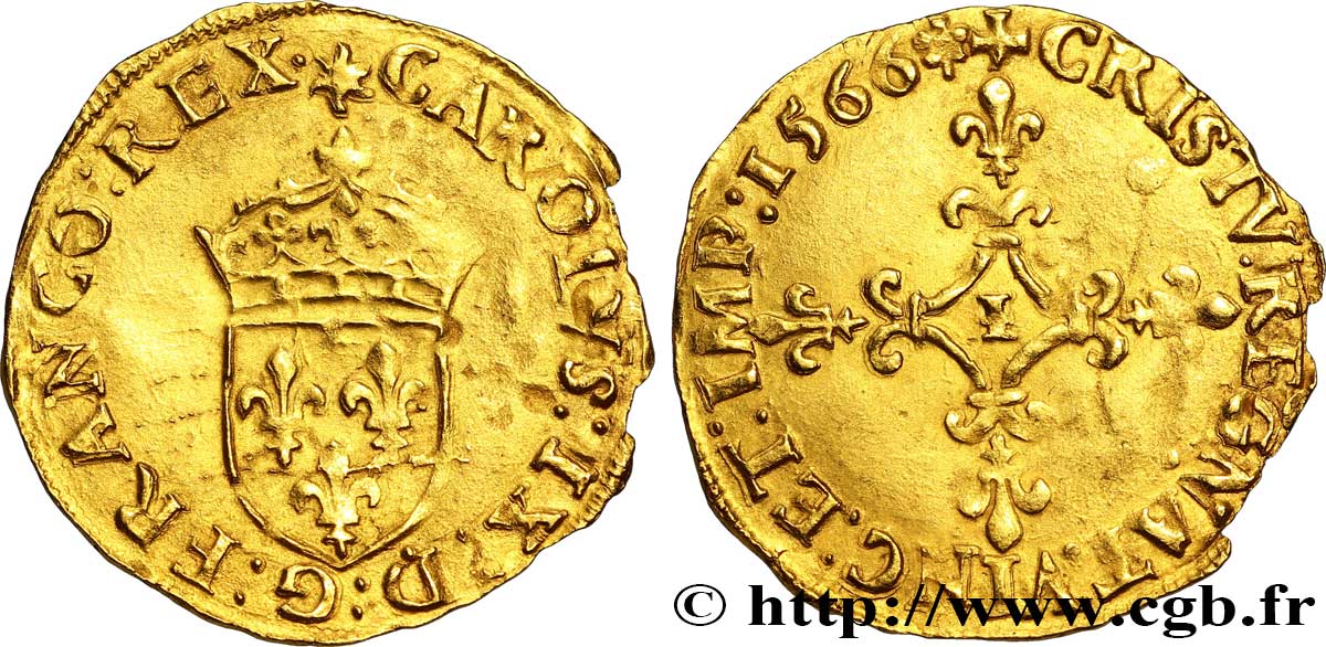 CHARLES IX Écu d or au soleil, 1er type 1566 Limoges BC+