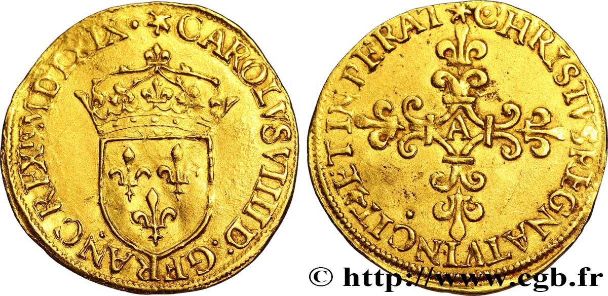 CHARLES IX Écu d or au soleil, 1er type 1569 Paris TTB+/TTB