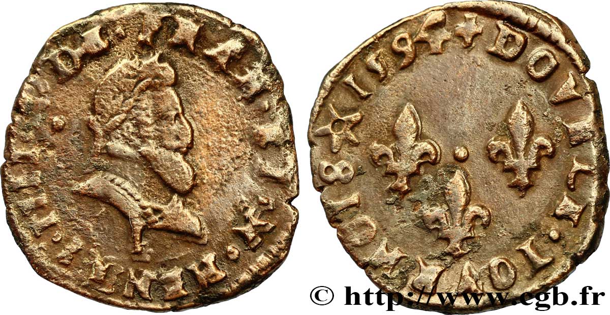 HENRI IV LE GRAND Double tournois, type de Limoges 1594 Limoges TTB