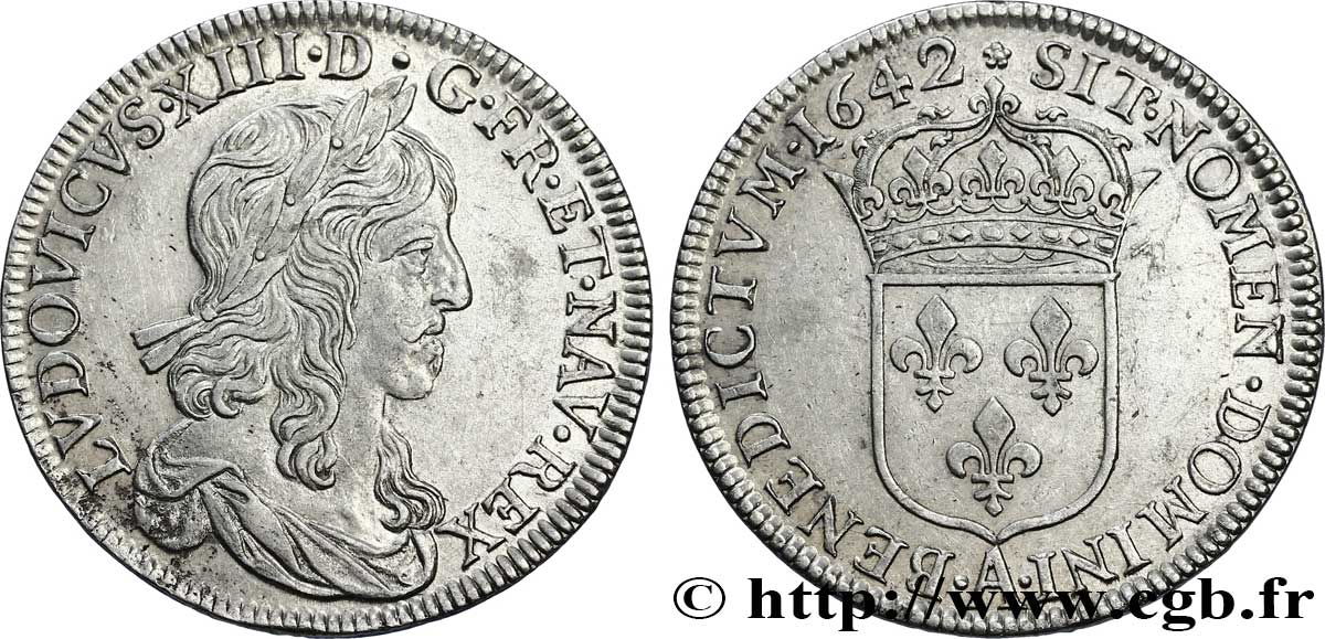 LOUIS XIII LE JUSTE Demi-écu, buste drapé (1er buste de Jean Warin) 1642 Paris, Monnaie de Matignon SUP