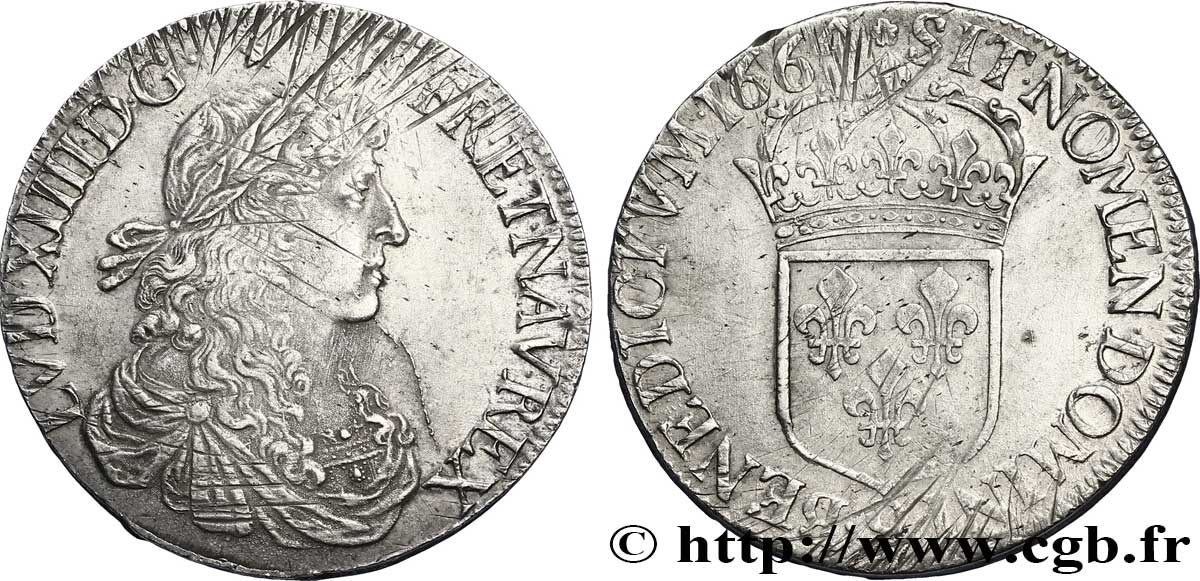 LOUIS XIV  THE SUN KING  Écu au buste juvénile, 1er type 1664 Rennes SS