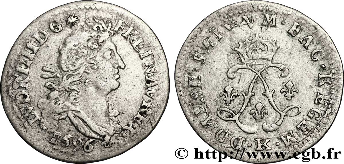 LOUIS XIV LE GRAND OU LE ROI SOLEIL Quatre sols aux deux L couronnées 1696 Bordeaux TTB/TB+