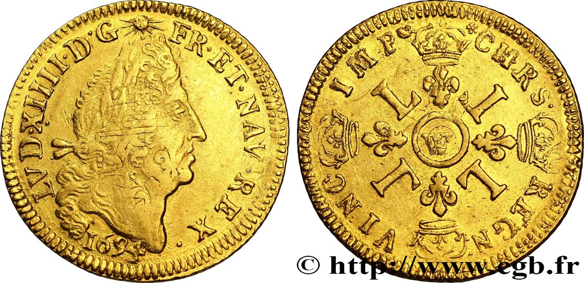 LOUIS XIV  THE SUN KING  Louis d or aux quatre L 1694 Lille BC+