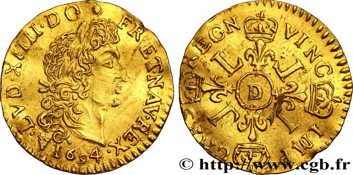 LOUIS XIV  THE SUN KING  Demi-louis d or aux quatre L, fausse réformation 1694 Lyon (copié sur) MBC