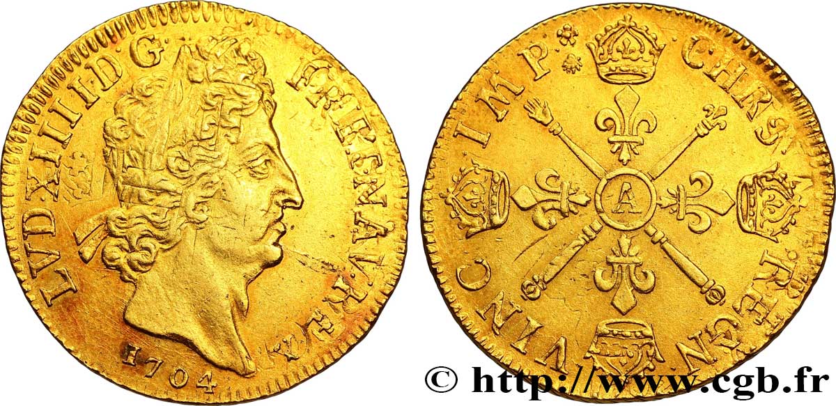 LOUIS XIV LE GRAND OU LE ROI SOLEIL Double louis d or aux insignes, portrait aux cheveux courts 1704 Paris TTB+
