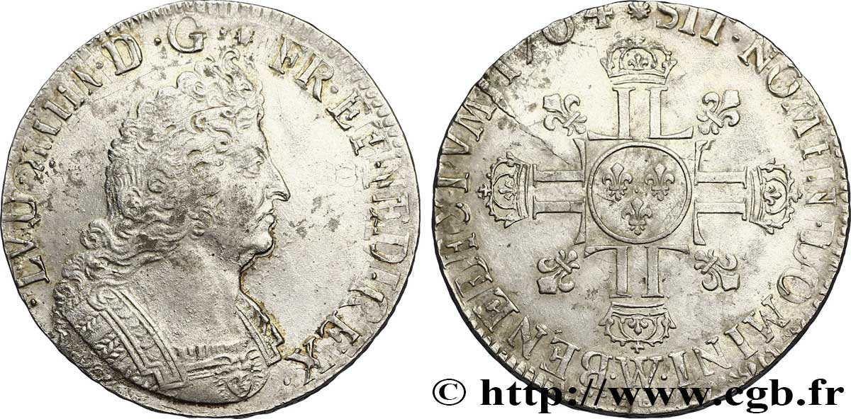 LOUIS XIV  THE SUN KING  Écu aux huit L, 2e type 1704 Lille AU