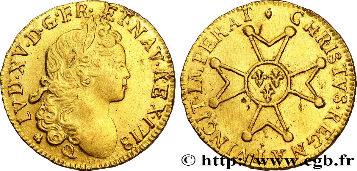 LOUIS XV DIT LE BIEN AIMÉ Louis d’or à la croix de chevalier 1718 Perpignan TTB+/SUP