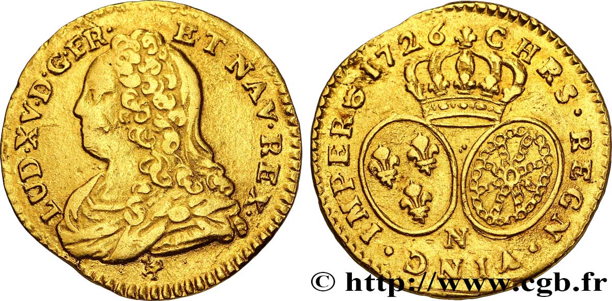 LOUIS XV  THE WELL-BELOVED  Demi-louis d or aux écus ovales, buste habillé 1726 Montpellier MBC