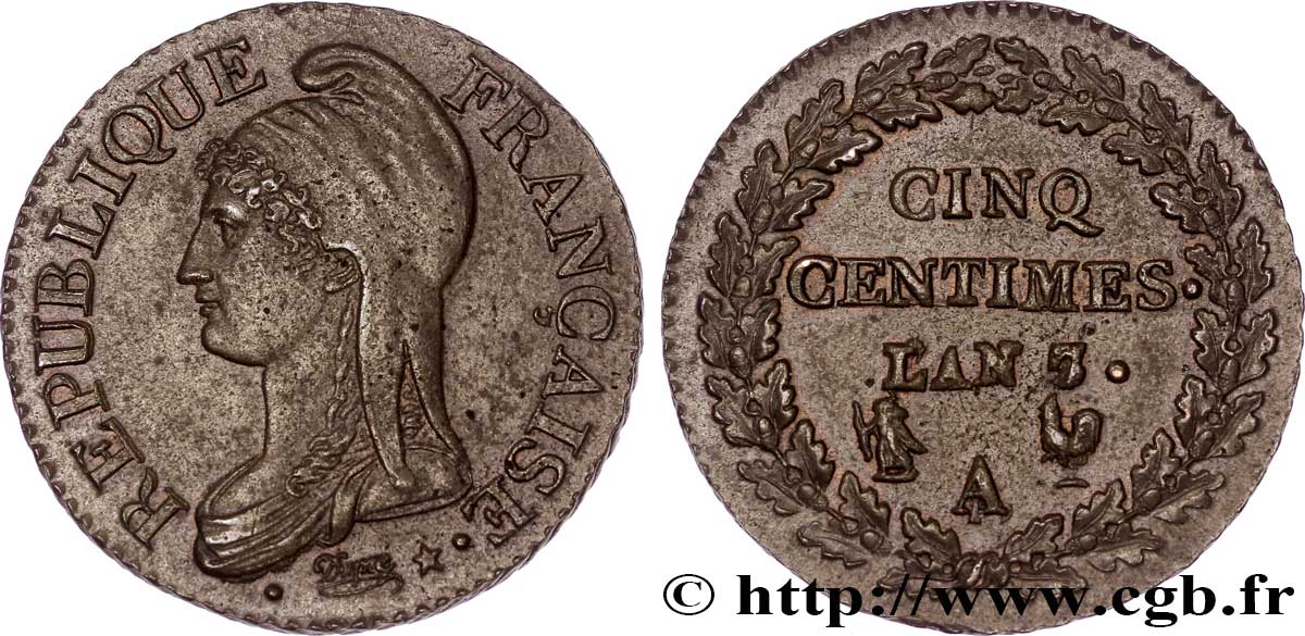 Cinq centimes Dupré, grand module 1799 Paris/Rouen F.115/55 SPL 