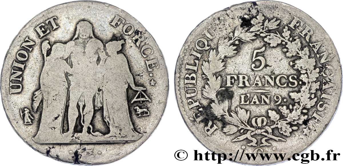 5 francs Union et Force, Union serré, avec glands intérieurs et gland extérieur 1801 Genève F.288/158 B 