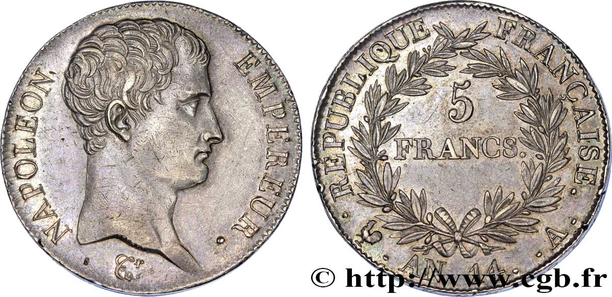 5 francs Napoléon Empereur, Calendrier révolutionnaire 1805 Paris F.303/19 VZ 