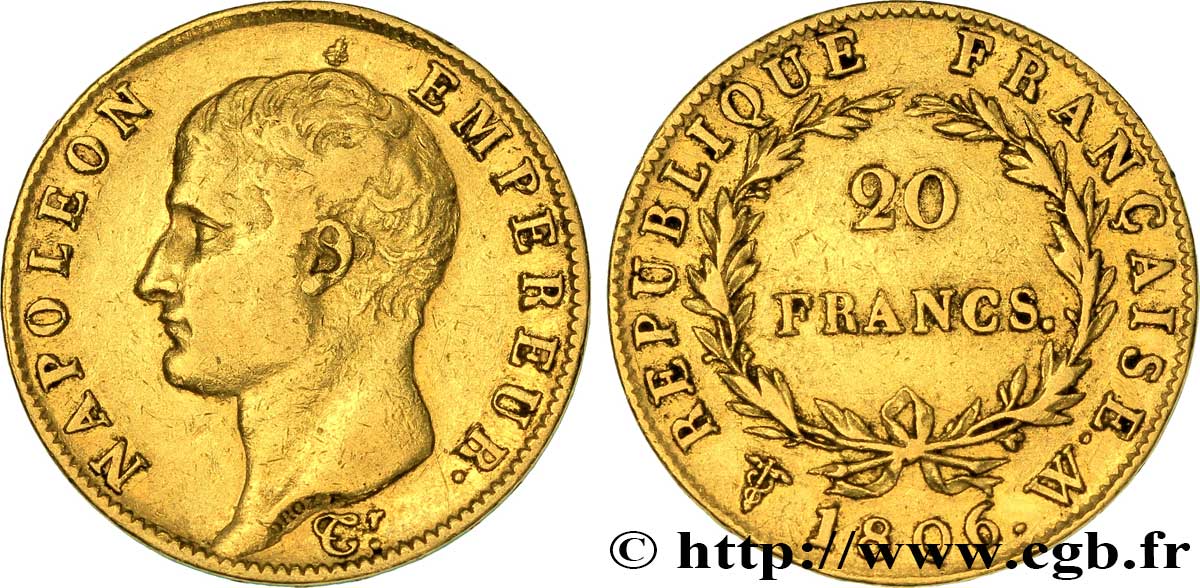 20 francs or Napoléon tête nue, Calendrier grégorien 1806 Lille F.513/5 XF 