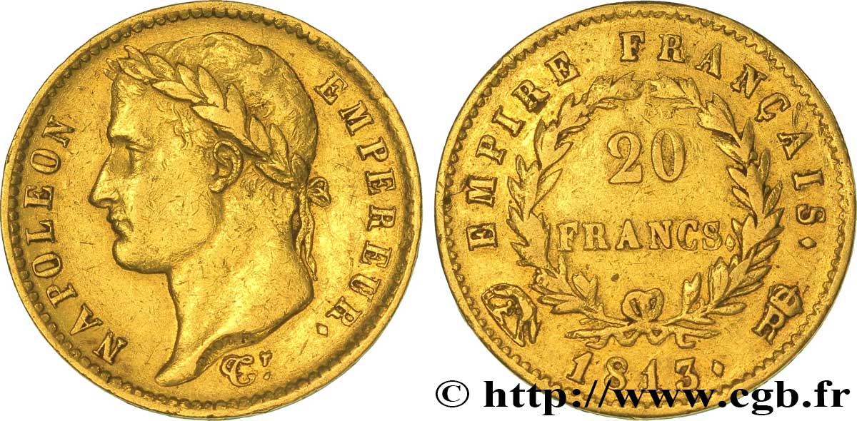 20 francs or Napoléon tête laurée, Empire français 1813 Rome F.516/35 MBC 