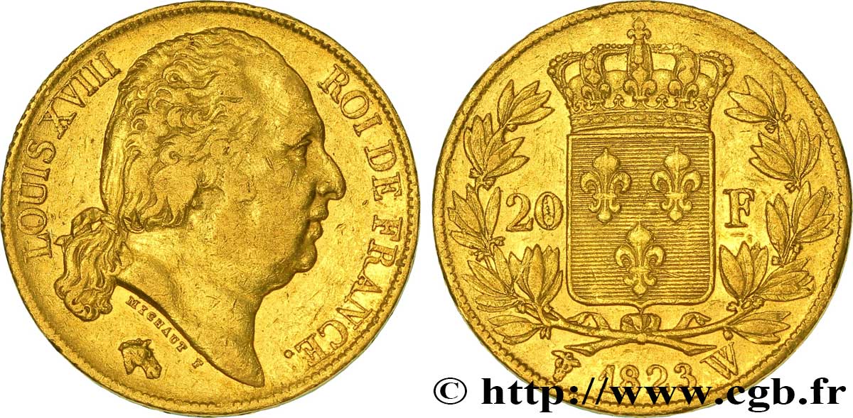 20 francs or Louis XVIII, tête nue 1823 Lille F.519/30 MBC 