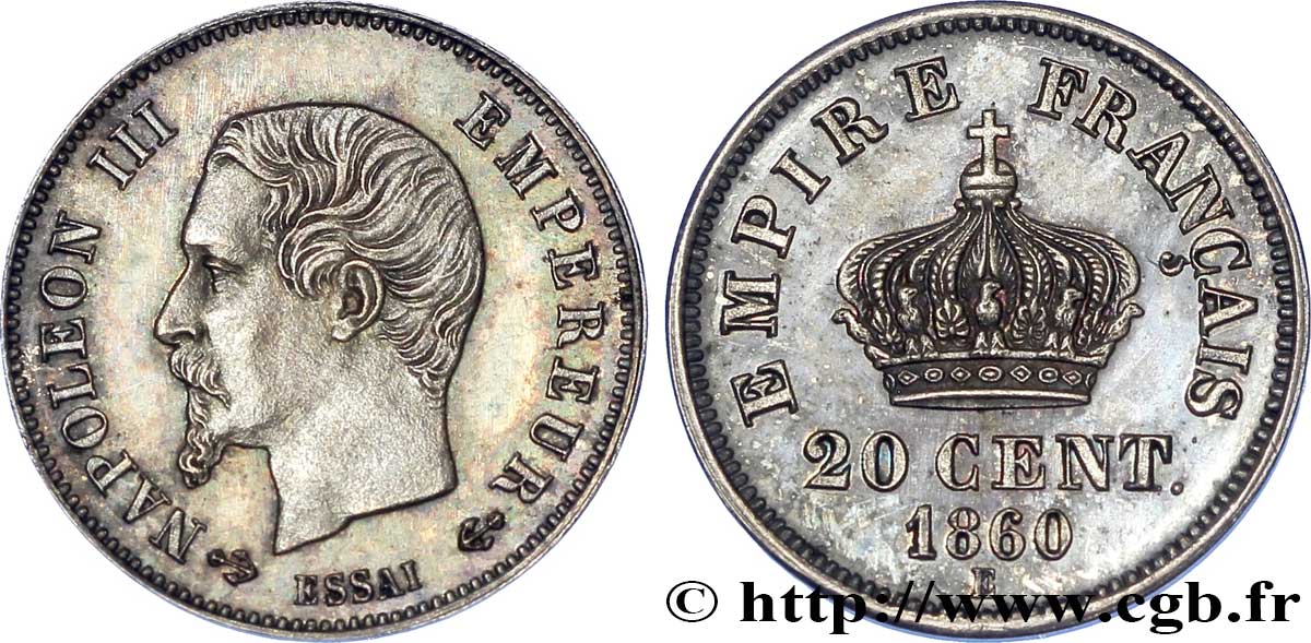 Essai de 20 centimes Napoléon III, tête nue 1860 Paris VG.3558  var. SPL 