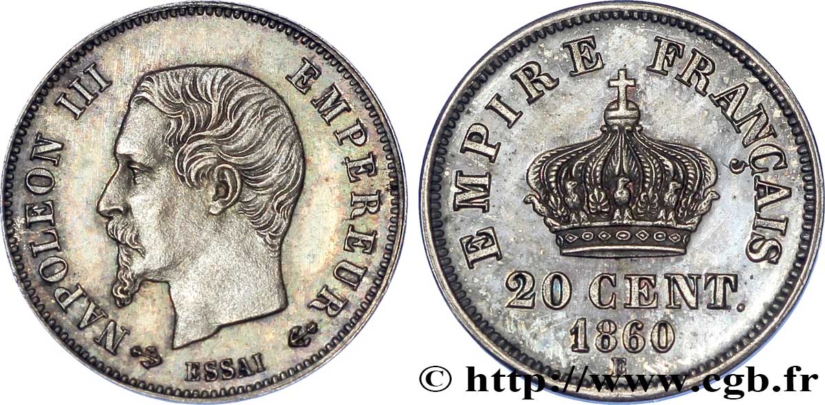 Essai de 20 centimes Napoléon III, tête nue 1860 Paris VG.3558  var. MS 