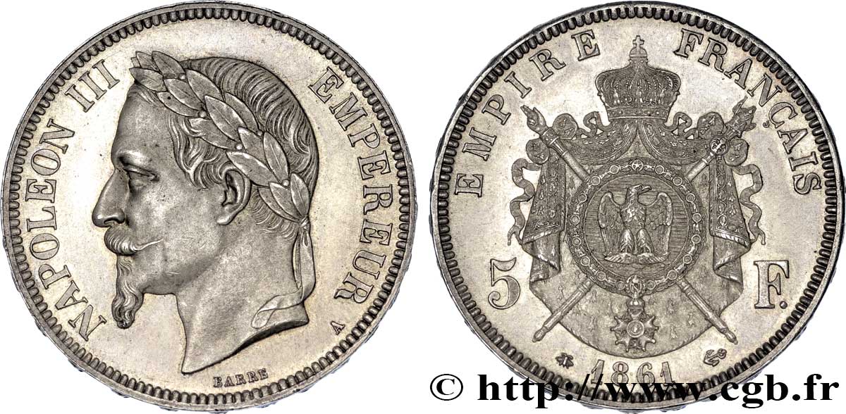 5 francs Napoléon III, tête laurée, petit A 1861 Paris F.331/1 SUP 
