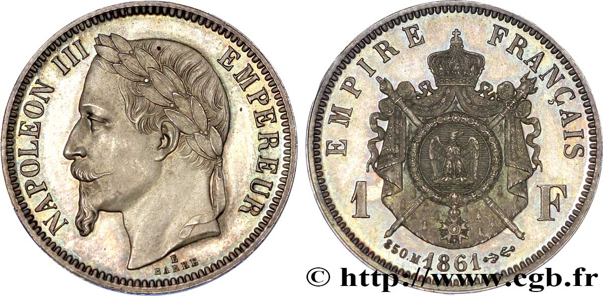 Essai de 1 franc Napoléon III, tête laurée 1861 Paris VG.3584  var. MS 