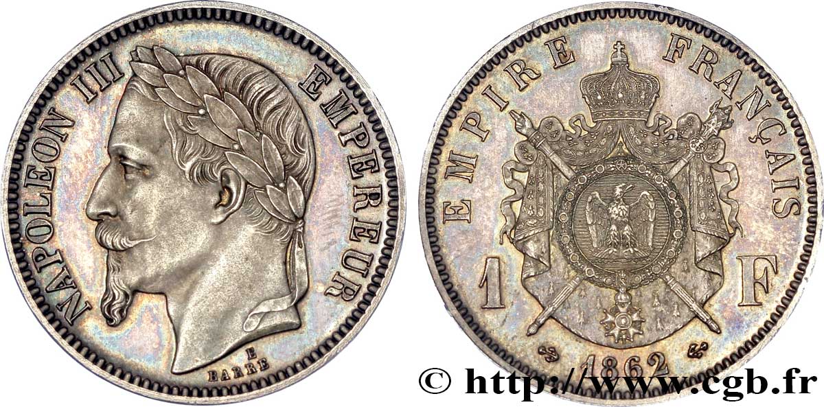Essai de 1 franc Napoléon III, tête laurée 1862 Paris VG.3625  fST 