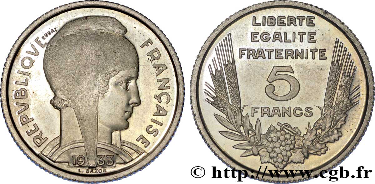 Concours de 5 francs, essai de Bazor en cupro-nickel non magnétique, poids léger 1933 Paris F.335/1 var. SPL 