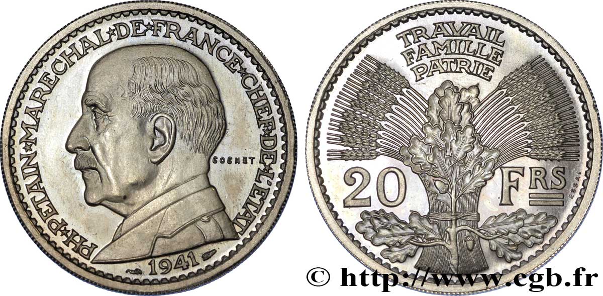 Essai de 20 francs Pétain en bronze-nickel par Cochet 1941  VG.5565  SPL 