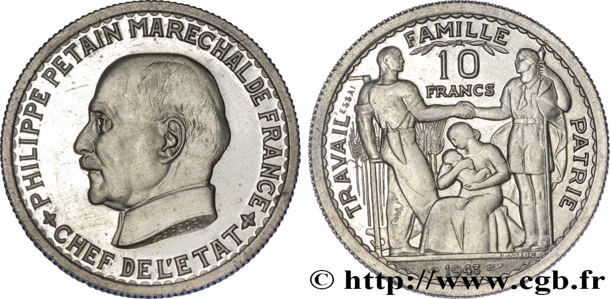 Essai de 10 francs Pétain en aluminium par Bazor/Vézien 1943  VG.-  SC 