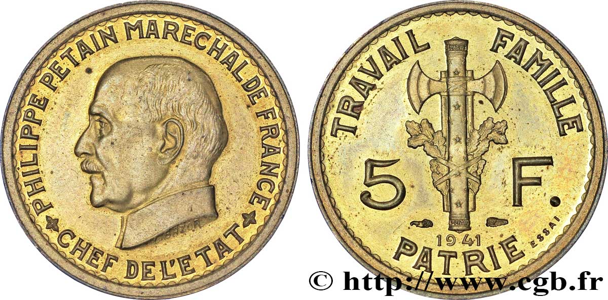 Essai-piéfort de 5 francs Pétain en bronze-aluminium 1941  VG.5574  var. SPL 