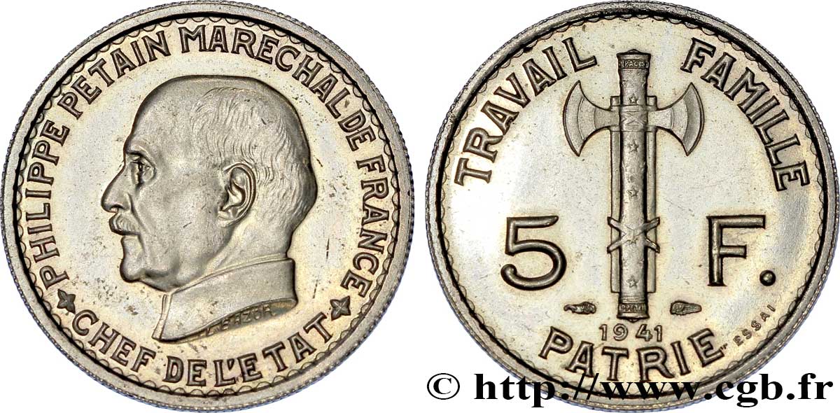 Essai de 5 francs Pétain 1941  F.338/1 fST 