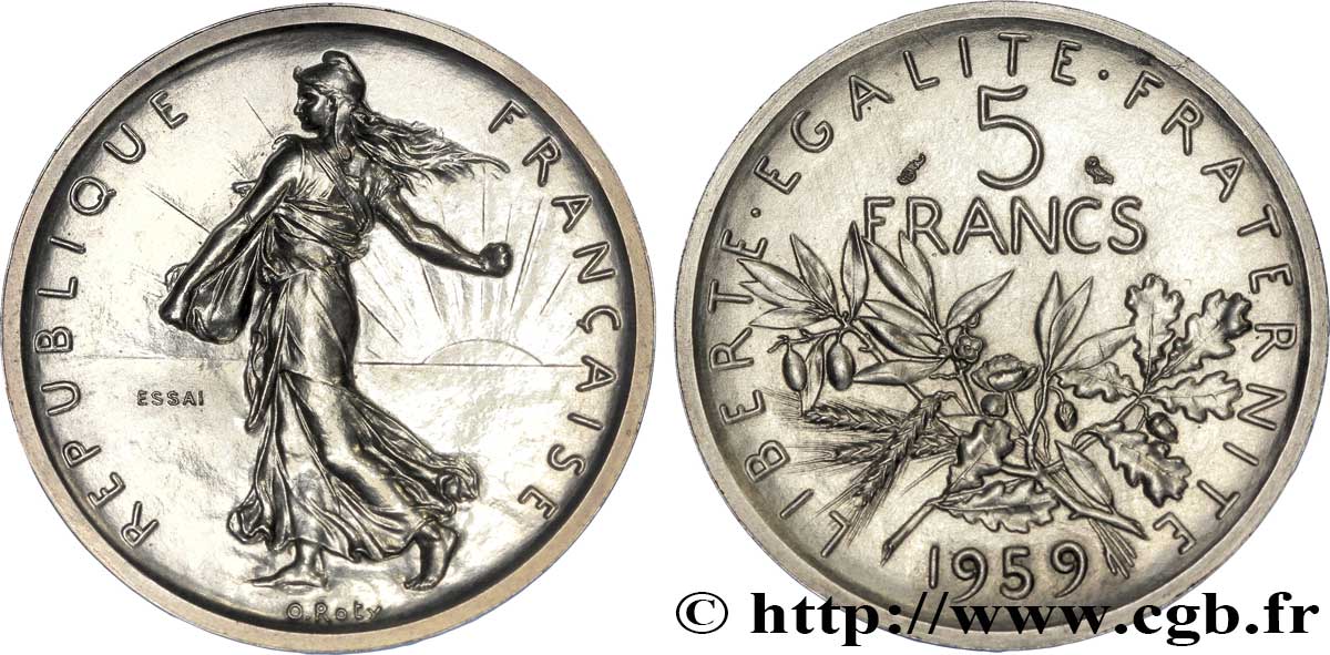 Essai-piéfort de 5 francs Semeuse, argent, grand 5 1959 Paris F.340/1P fST 