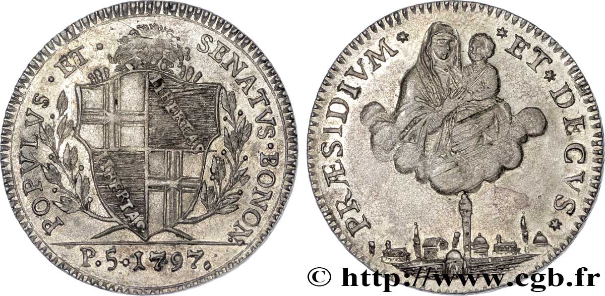 ITALIEN - GOUVERNEMENT PROVISOIRE DE BOLOGNE 5 paoli 1797 Bologne VZ 