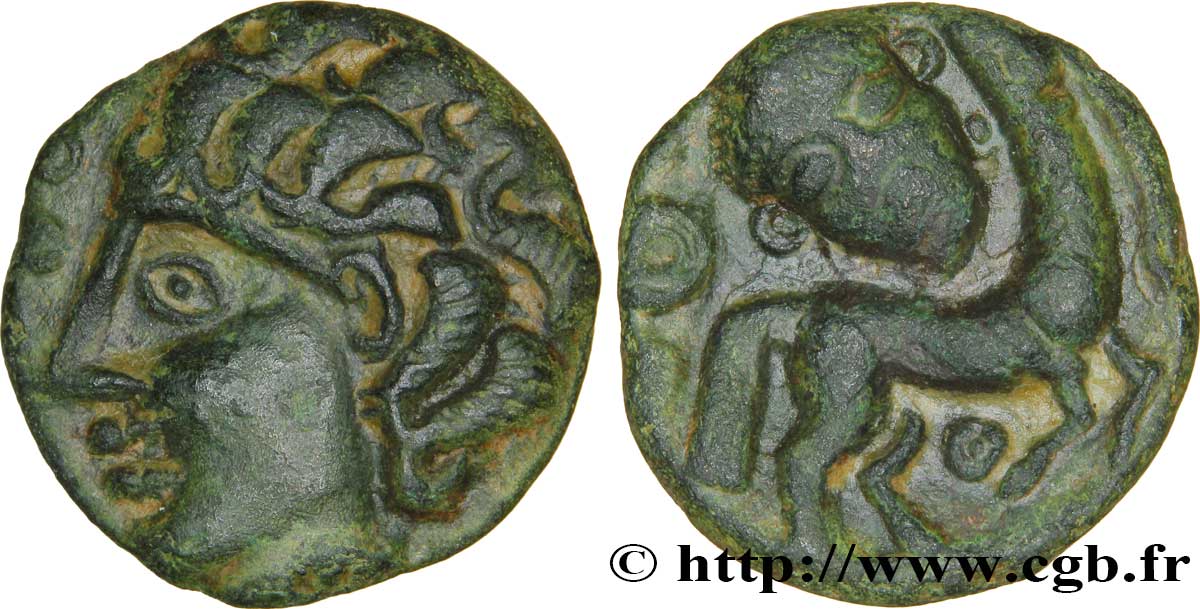 GALLIA BELGICA - AMBIANI (Regione di Amiens) Bronze au cheval et à la tête de face AU/AU
