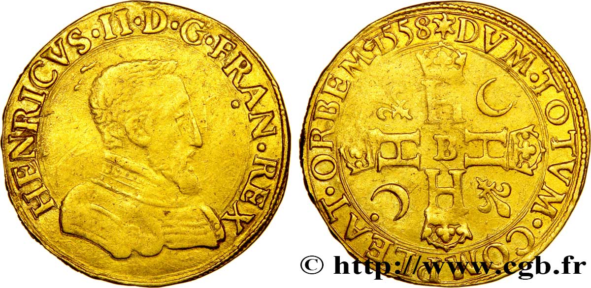 HENRY II Double henri d or, 1er type 1558 Rouen XF