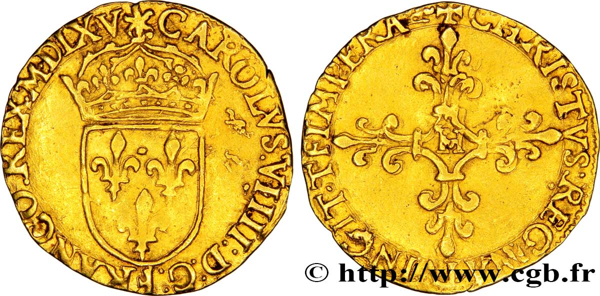 CHARLES IX Écu d or au soleil, 1er type, légende fautée 1565 La Rochelle SS