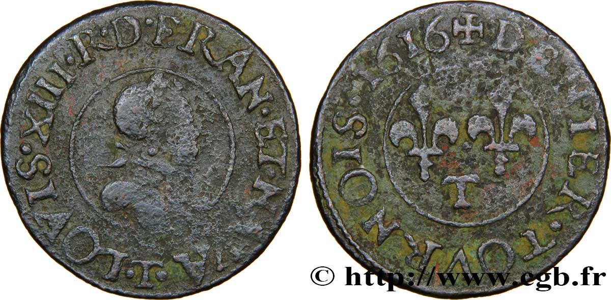 LOUIS XIII  Denier tournois, type 2 1616 Nantes fSS