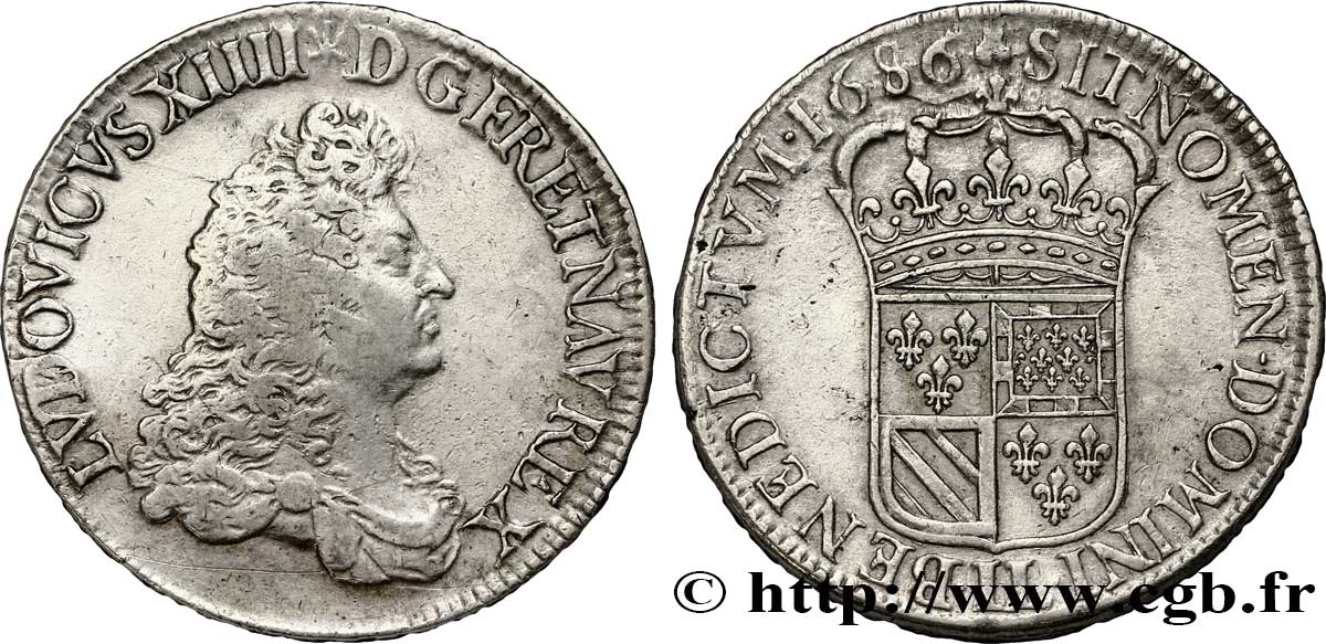 LOUIS XIV LE GRAND OU LE ROI SOLEIL Écu de Flandre 1686 Lille TB+/TTB+