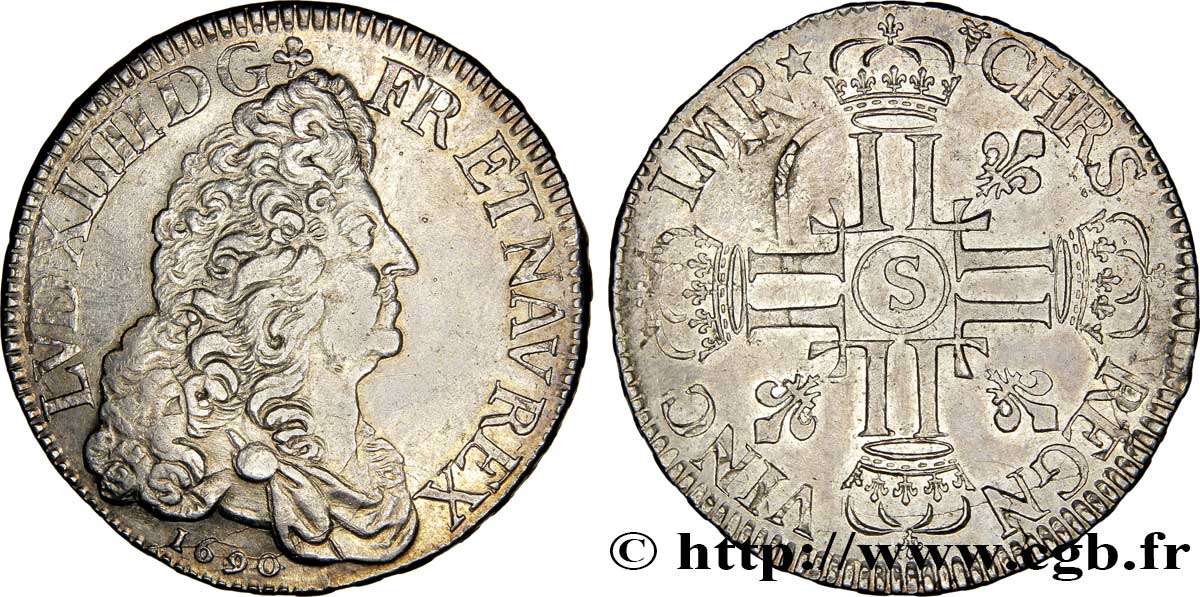 LOUIS XIV LE GRAND OU LE ROI SOLEIL Écu aux huit L, 1er type 1690 Reims TTB/TTB+