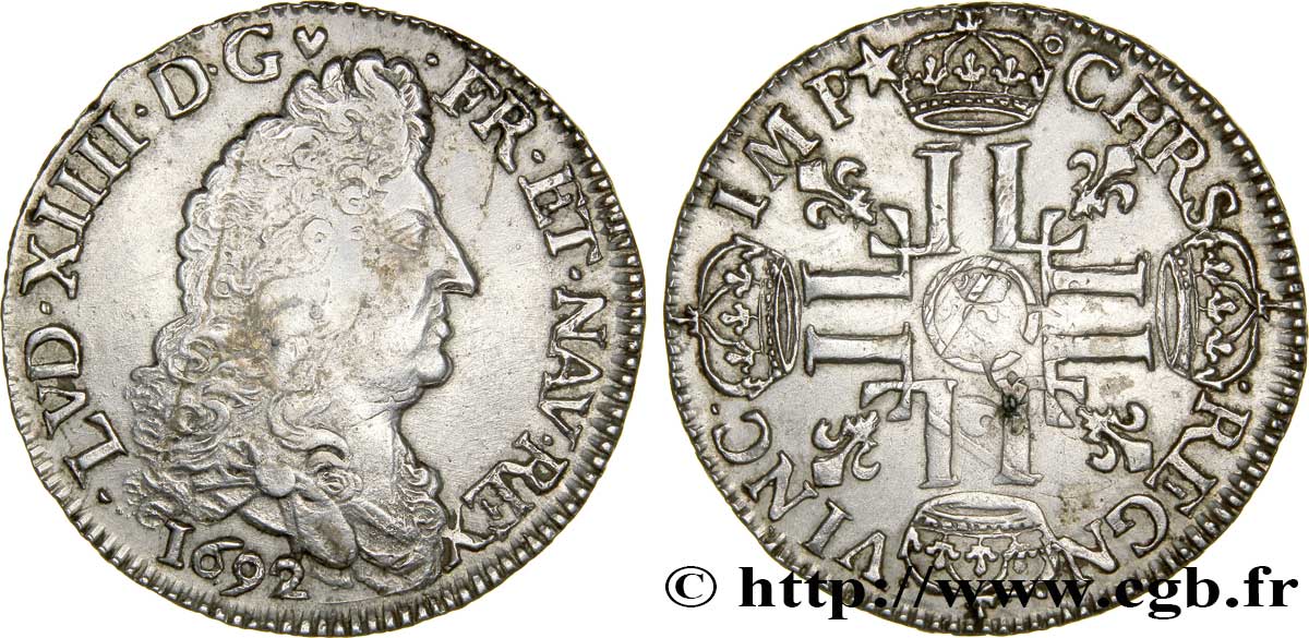 LOUIS XIV  THE SUN KING  Demi-écu aux huit L, 1er type, 1er buste 1692 Troyes MBC+