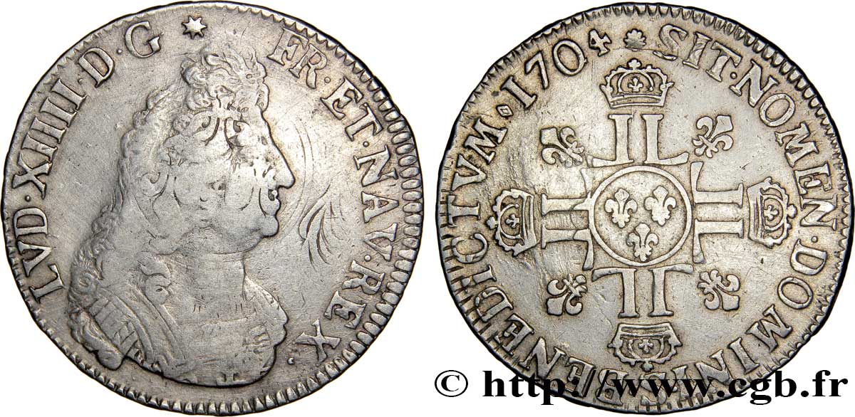 LOUIS XIV  THE SUN KING  Écu aux huit L, 2e type 1704 Reims fSS/SS